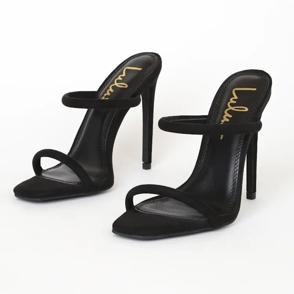 NIB Lulus Theyaa Black Suede Square Toe High Heel Sandal